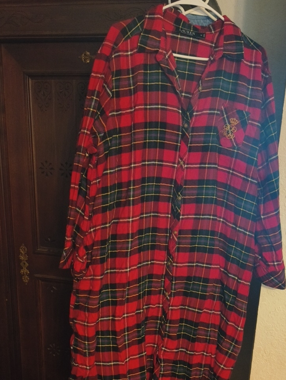 Ralph Lauren Red Plaid Womans Nightgown with Crest Detail